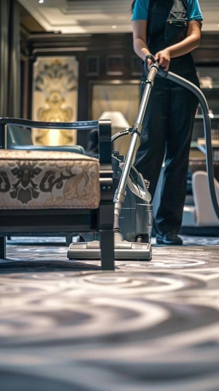 Upright extraction machine being run across a patterned carpet in a furnished sitting room