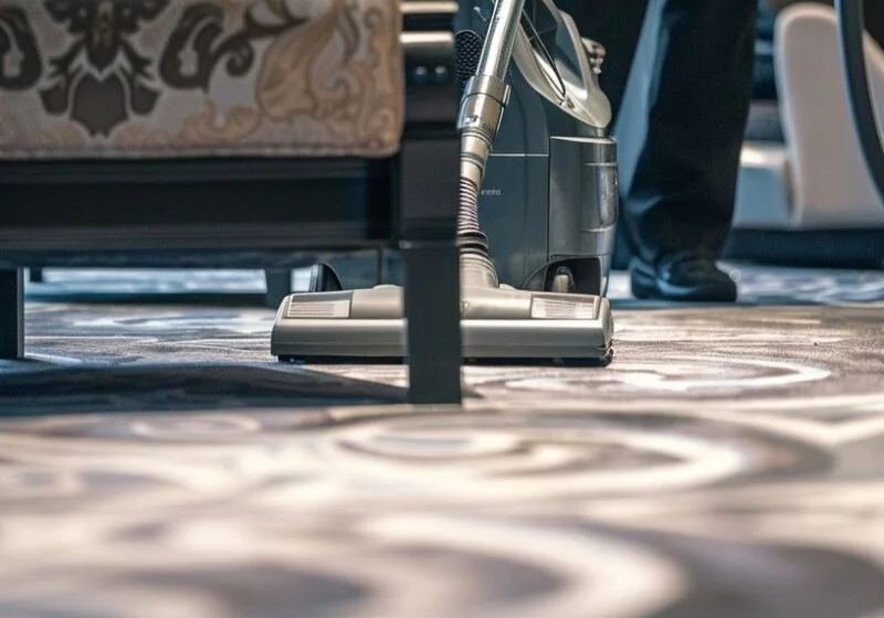 Cleaning head worked across a patterned carpet at floor level