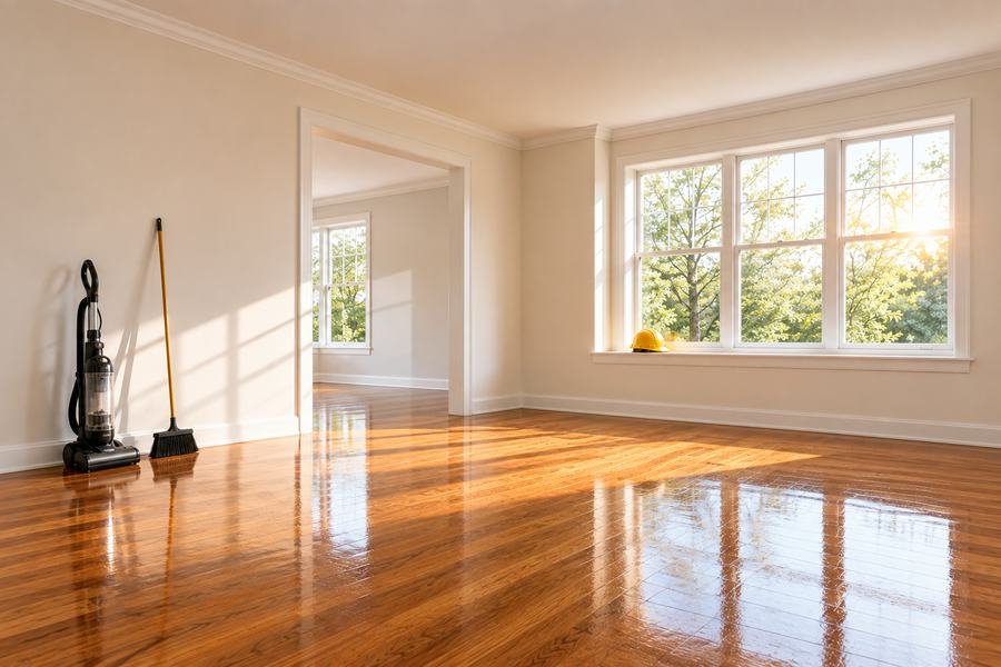 Empty room with polished wooden floor, vacuum and broom against the wall