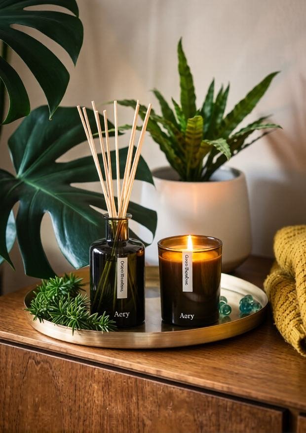 Dark glass reed diffuser and candle on a brass tray
